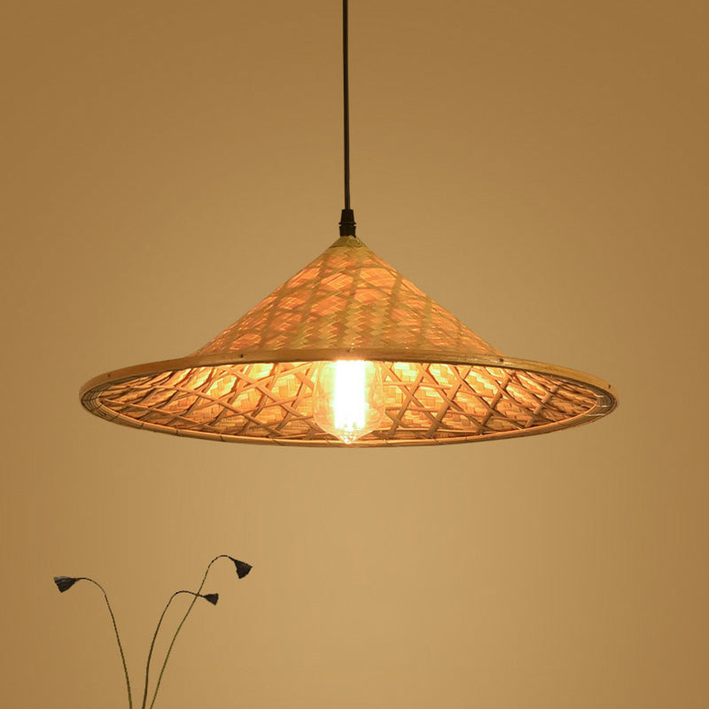Wood Straw Hat Suspension Light Simplicity 1-Light Bamboo Pendant Lighting Fixture