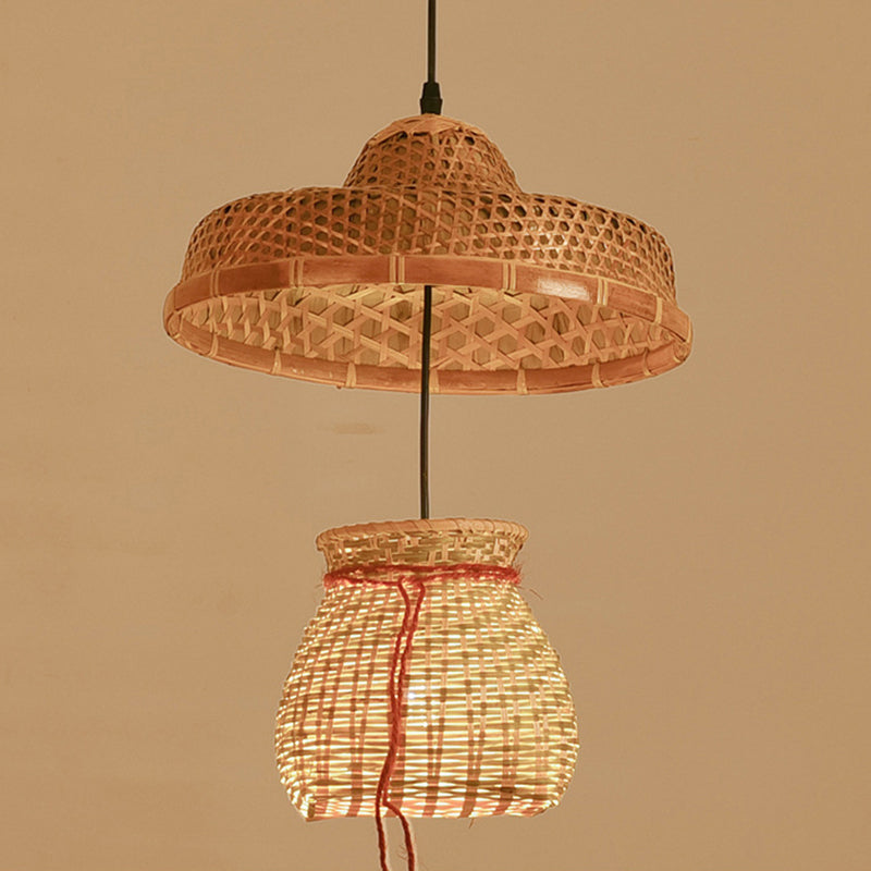 Wood Straw Hat Suspension Light Simplicity 1-Light Bamboo Pendant Lighting Fixture