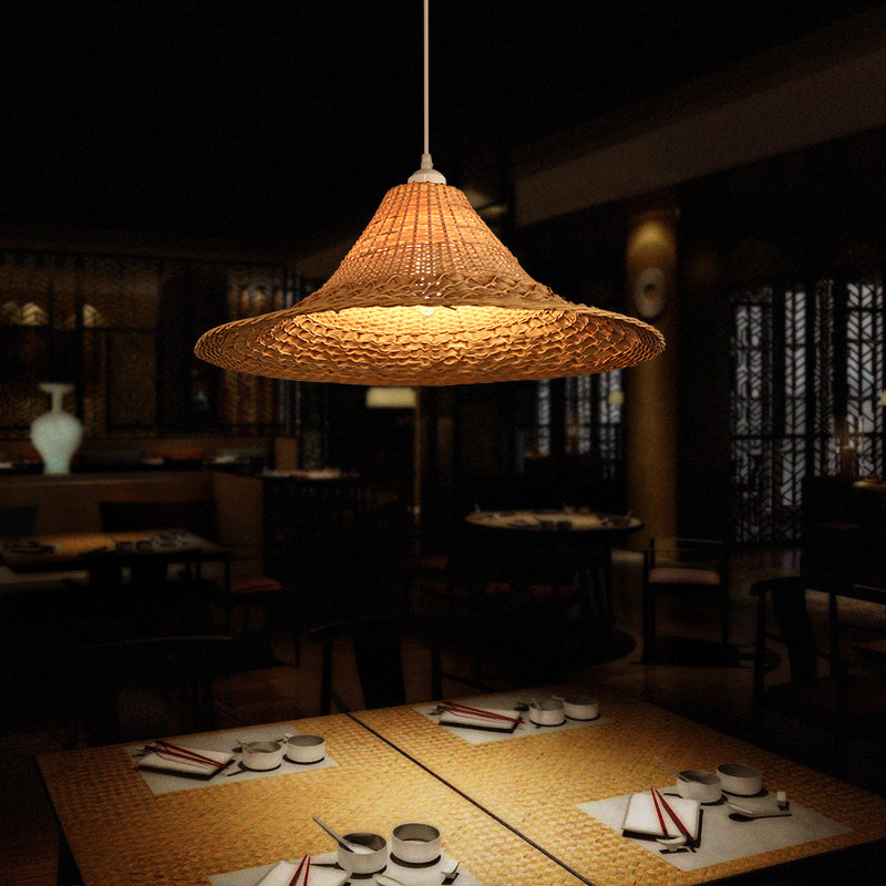 Straw Hat Ceiling Light Asian Style Bamboo 1 Bulb Restaurant Hanging Light Fixture in Wood
