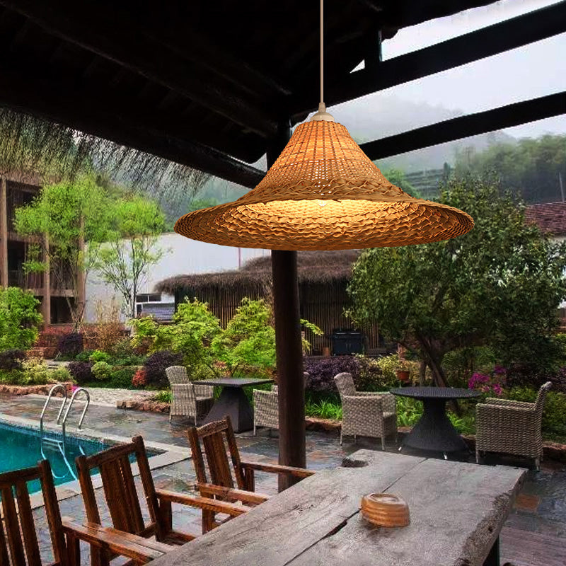 Straw Hat Ceiling Light Asian Style Bamboo 1 Bulb Restaurant Hanging Light Fixture in Wood