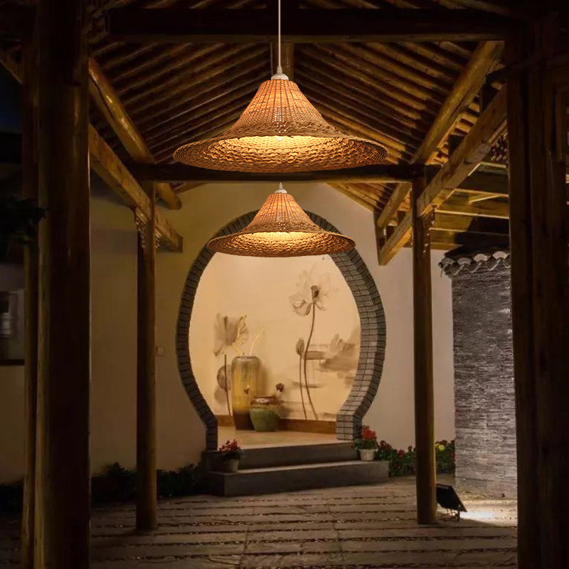 Straw Hat Ceiling Light Asian Style Bamboo 1 Bulb Restaurant Hanging Light Fixture in Wood