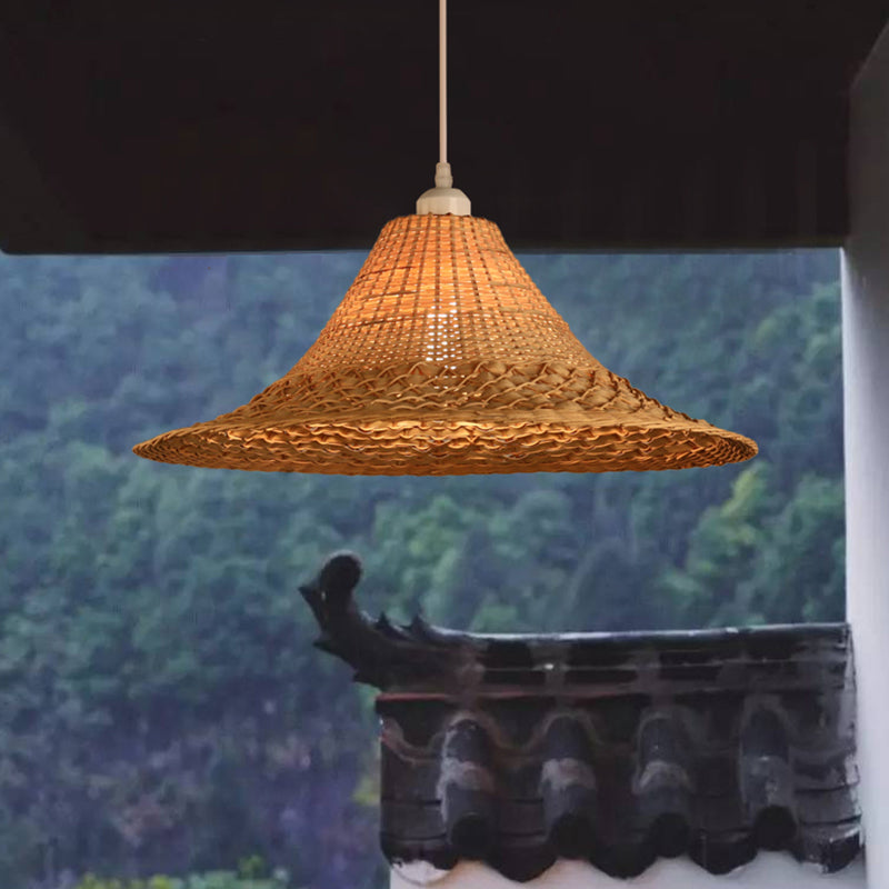 Straw Hat Ceiling Light Asian Style Bamboo 1 Bulb Restaurant Hanging Light Fixture in Wood