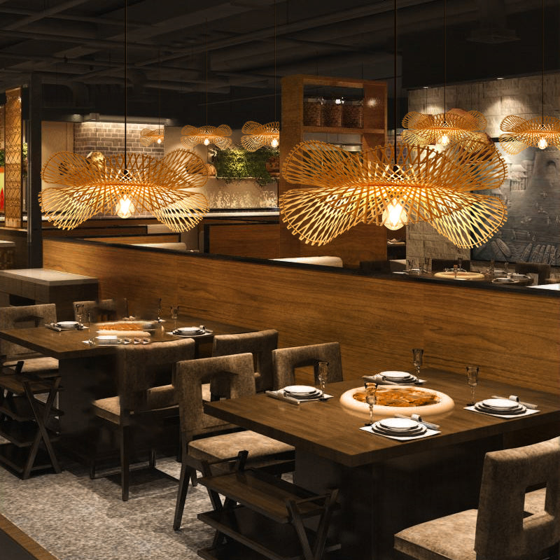 Lotus Leaf Restaurant Ceiling Light Bamboo 1 Bulb Asian Style Hanging Light Fixture in Wood