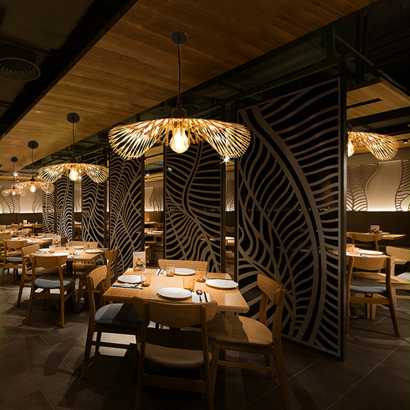 Lotus Leaf Restaurant Ceiling Light Bamboo 1 Bulb Asian Style Hanging Light Fixture in Wood