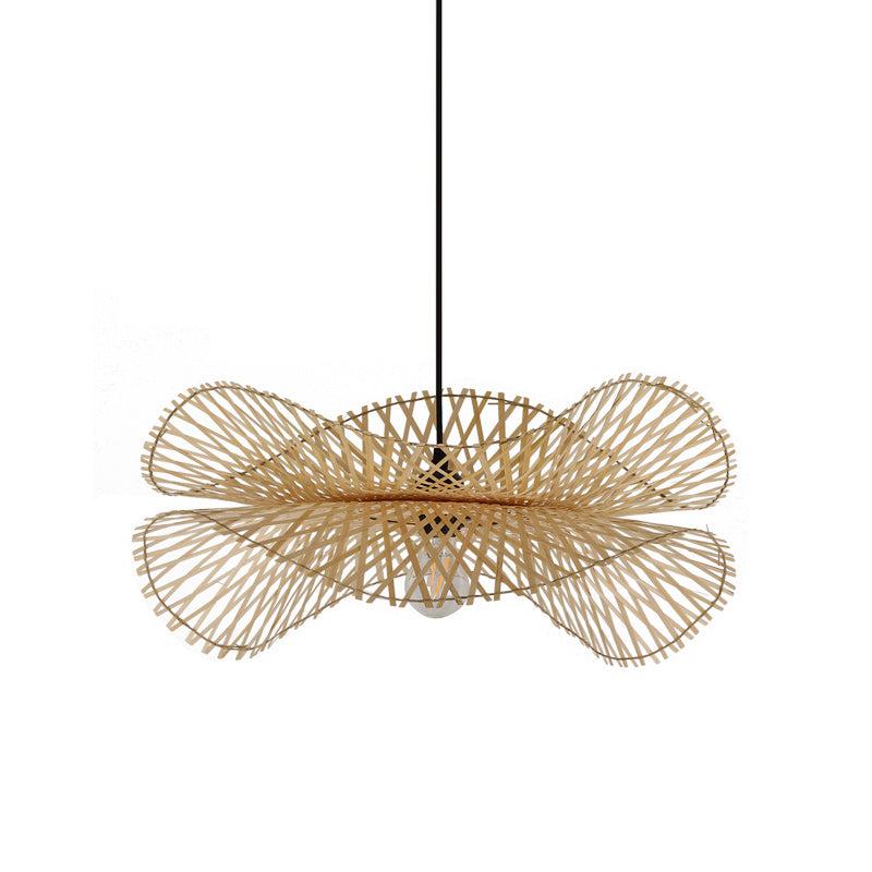 Lotus Leaf Restaurant Ceiling Light Bamboo 1 Bulb Asian Style Hanging Light Fixture in Wood