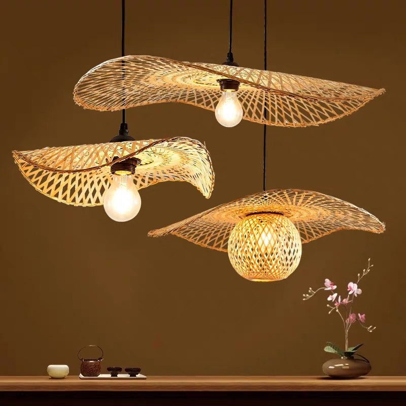 Wood Lotus Leaf Ceiling Light Modern Single Bamboo Hanging Pendant Light for Restaurant