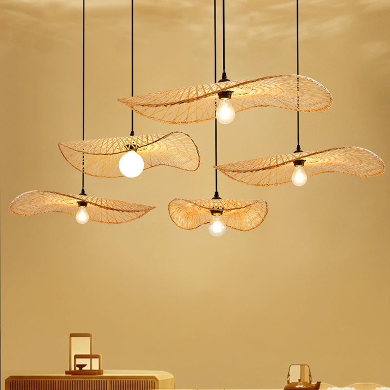 Wood Lotus Leaf Ceiling Light Modern Single Bamboo Hanging Pendant Light for Restaurant