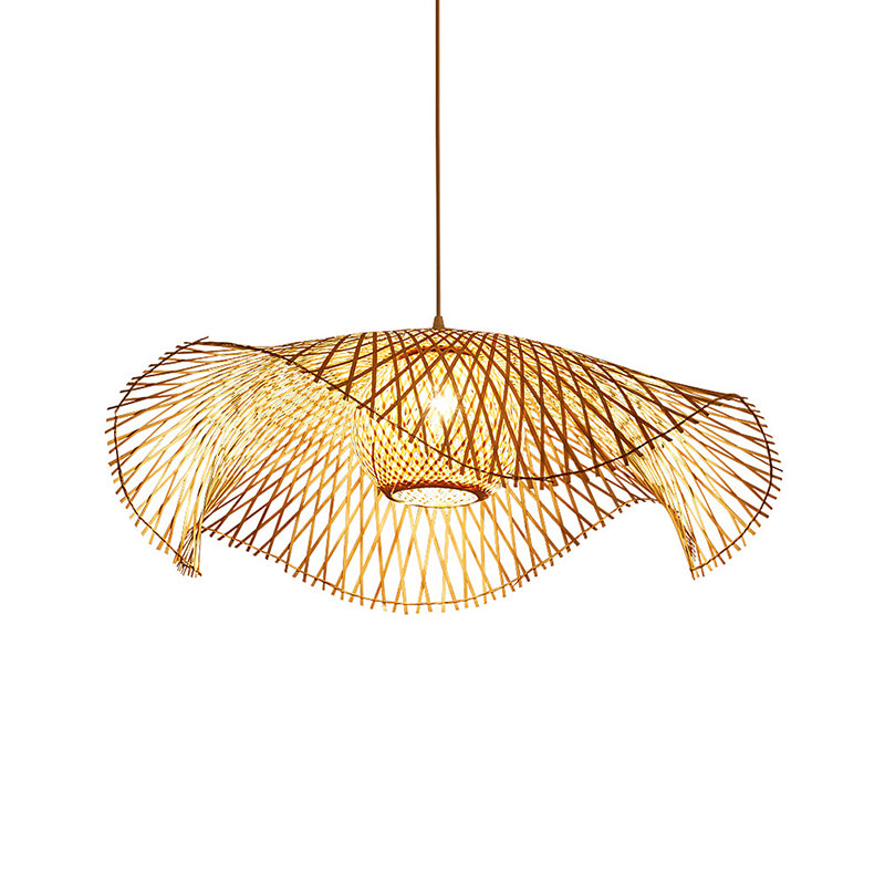Simplicity Lotus Leaf Suspension Light Bamboo 1-Light Restaurant Pendant Light in Wood