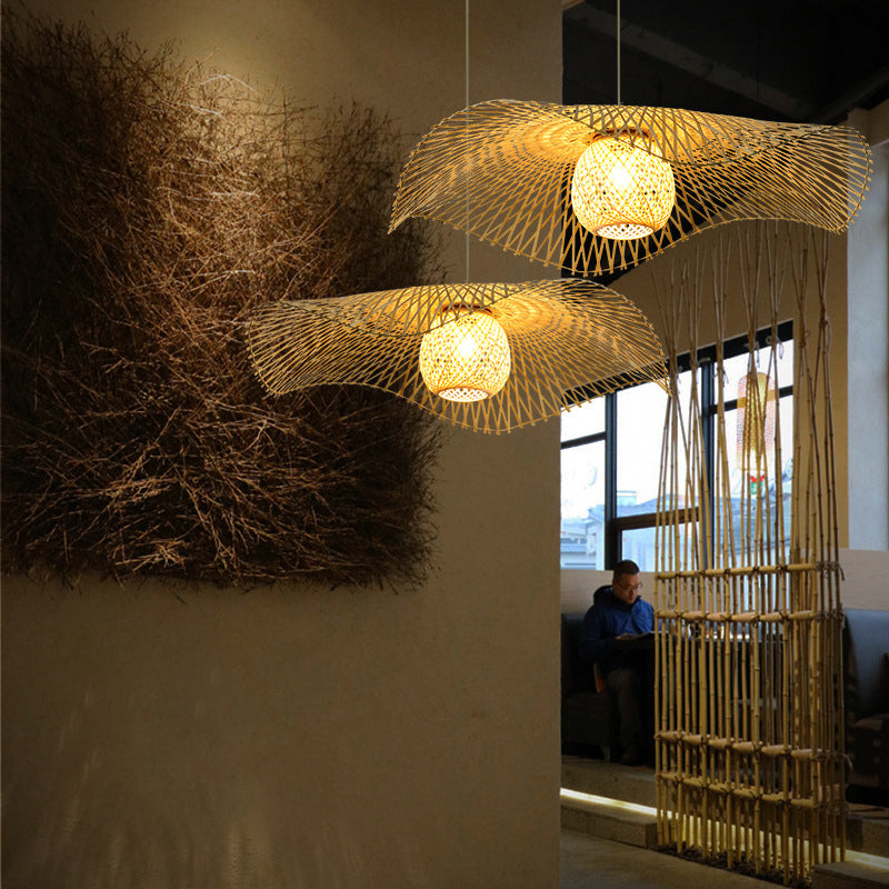 Lotus Leaf plafondverlichting Aziatische stijl bamboe 1 lamp hout hangend licht voor restaurant