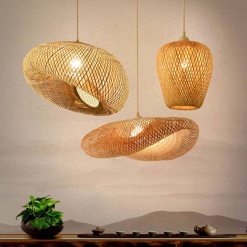 Wood Woven Suspension Lighting Simplicity 1-Light Bamboo Pendant Light for Tea Room