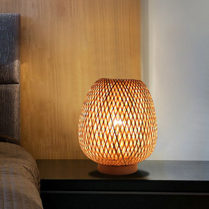 Lantern Nightstand Lamp Contemporary Handwoven Bamboo Single-Bulb Restaurant Table Light in Wood