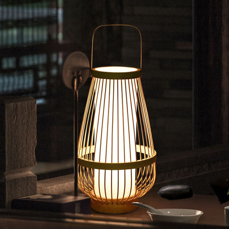 Basket Shaped Bamboo Table Lamp Minimalist 1��Head Wood Nightstand Light for Restaurant