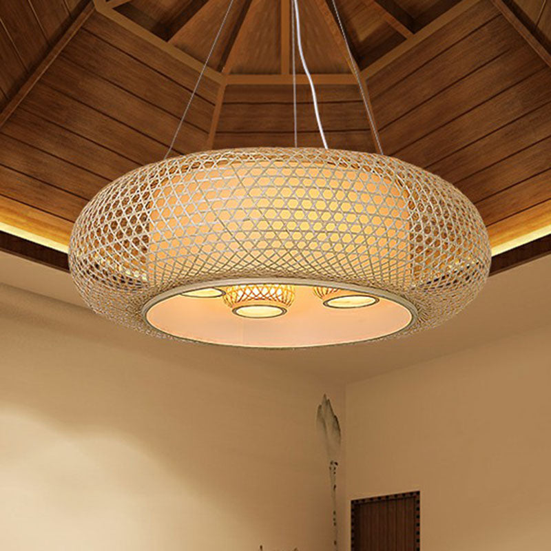 Pumpkin Bamboo Ceiling Lighting South-east Asia 4 Bulbs Wood Chandelier Light Fixture
