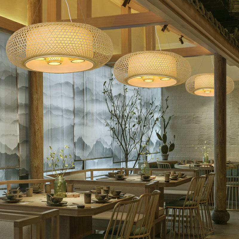 Éclairage de plafond de bambou à la citrouille Asie du Sud-Est 4 bulbes luminaire de lustre en bois