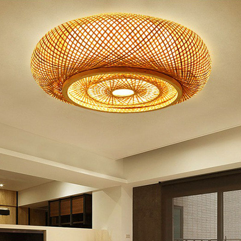 Plafonnier encastré à tambour arrondi luminaire contemporain en bambou pour chambre à coucher simple en bois