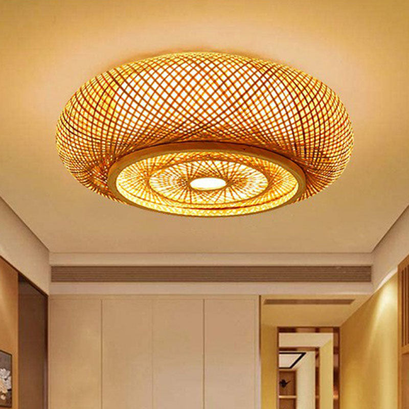 Rounded Drum Flush Ceiling Light Contemporary Bamboo Single Bedroom Flush Mount Lighting Fixture in Wood