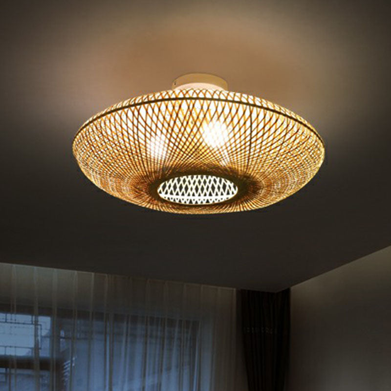 Lantern Bamboo Flush Mount Lighting Minimalist 3 Bulbs Wood Flush Mount for Bedroom
