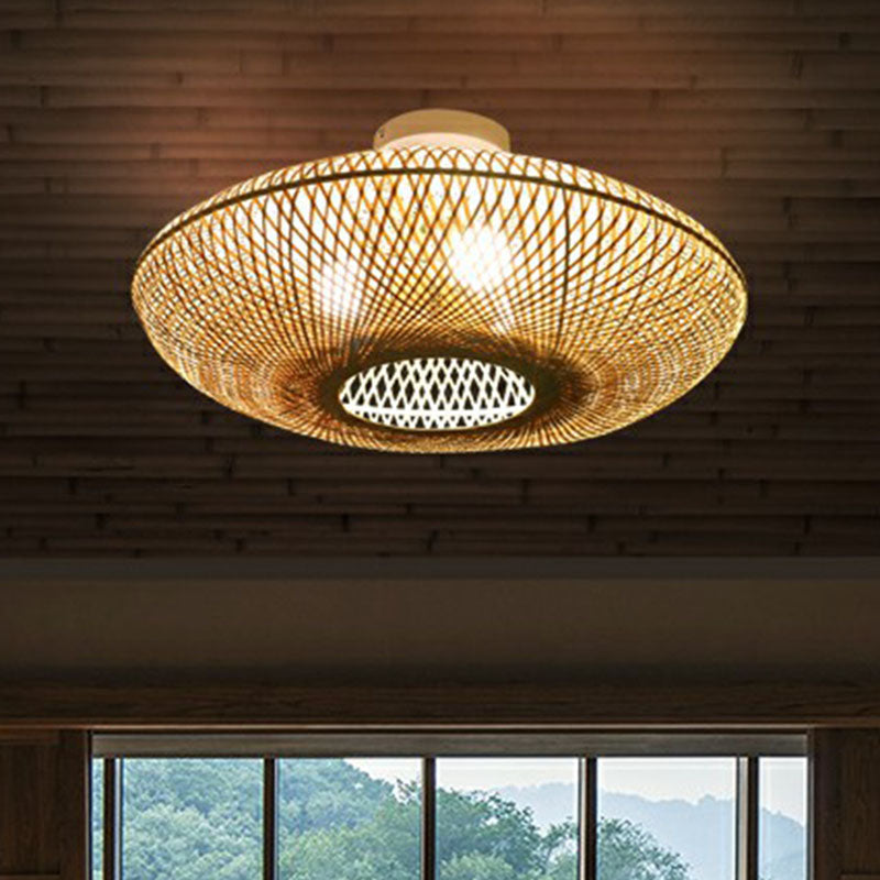 Lantern Bamboo Flush Mount Lighting Minimalist 3 Bulbs Wood Flush Mount for Bedroom