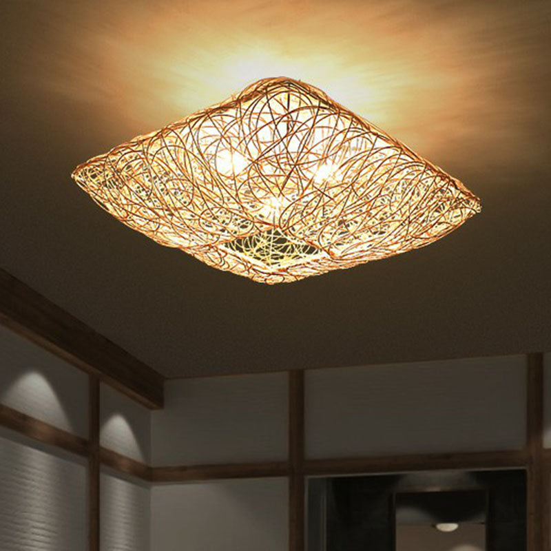 Japanese Square Flush Ceiling Light Rattan 3 Heads Bedroom Flush Mount Lighting in Wood