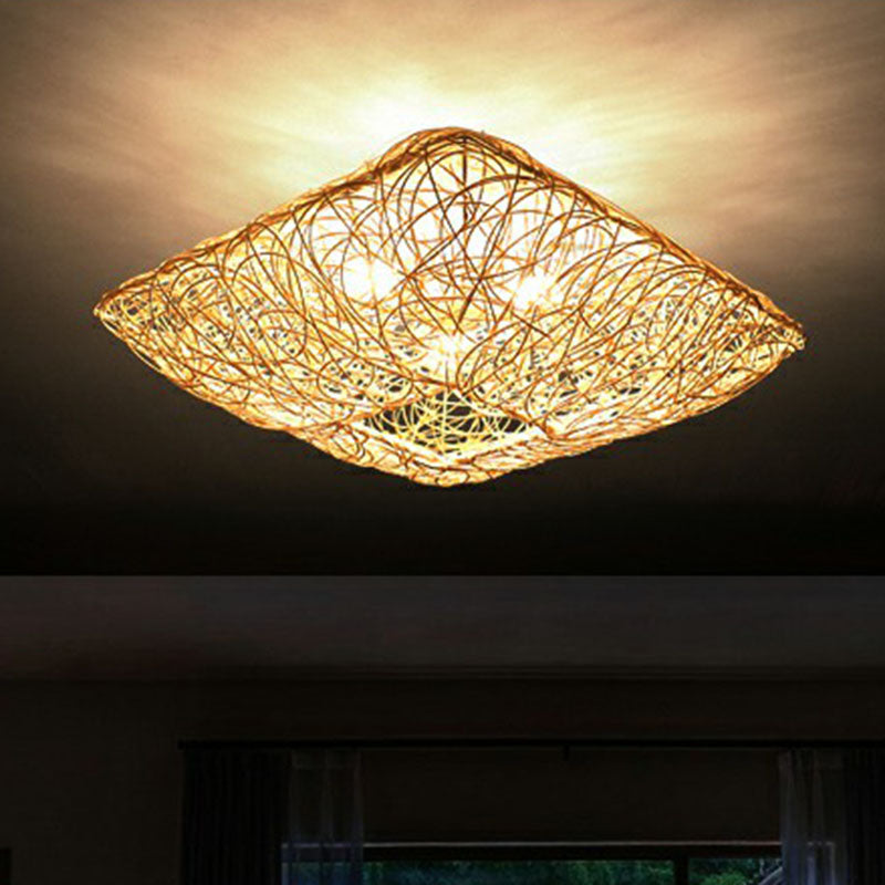 Japanese Square Flush Ceiling Light Rattan 3 Heads Bedroom Flush Mount Lighting in Wood