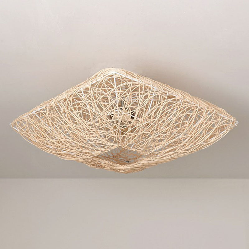 Japanese Square Flush Ceiling Light Rattan 3 Heads Bedroom Flush Mount Lighting in Wood