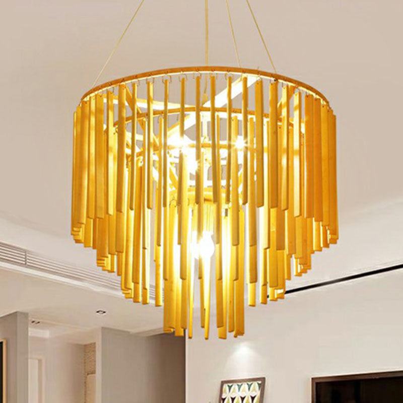 Tiered Chandelier Pendant Light Contemporary Bamboo 4 Heads Yellow Hanging Lighting for Restaurant