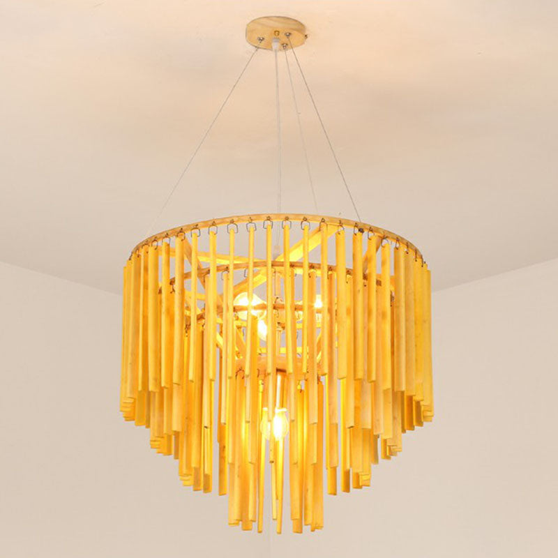 Tiered Chandelier Pendant Light Contemporary Bamboo 4 Heads Yellow Hanging Lighting for Restaurant