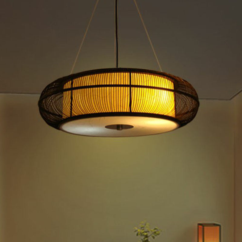 Curved Drum Suspension Light South-east Asian Bamboo Tea Room Chandelier Lighting