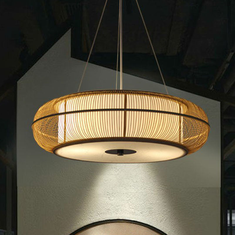 Curved Drum Suspension Light South-east Asian Bamboo Tea Room Chandelier Lighting