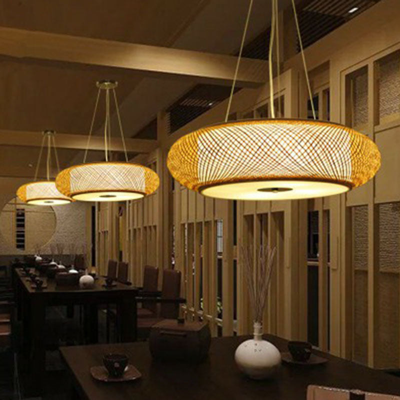 Rounded Drum Restaurant Chandelier Lighting Bamboo 3 Bulbs Minimalist Pendant Light in Wood