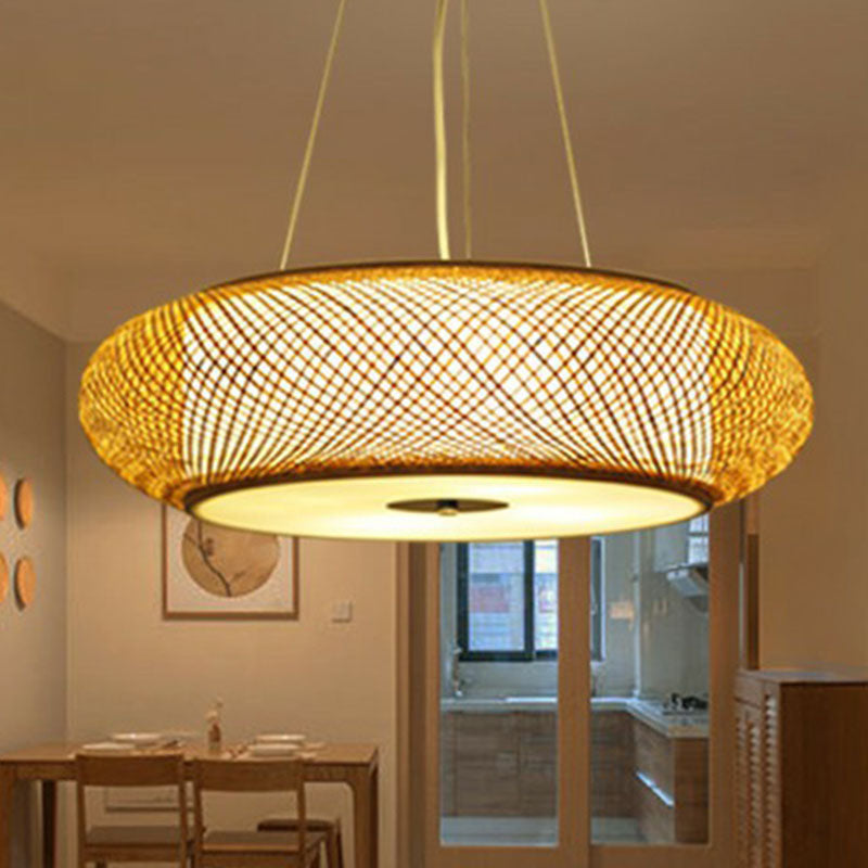 Rounded Drum Restaurant Chandelier Lighting Bamboo 3 Bulbs Minimalist Pendant Light in Wood