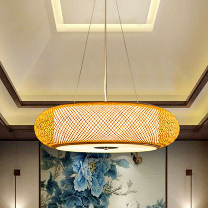 Rounded Drum Restaurant Chandelier Lighting Bamboo 3 Bulbs Minimalist Pendant Light in Wood