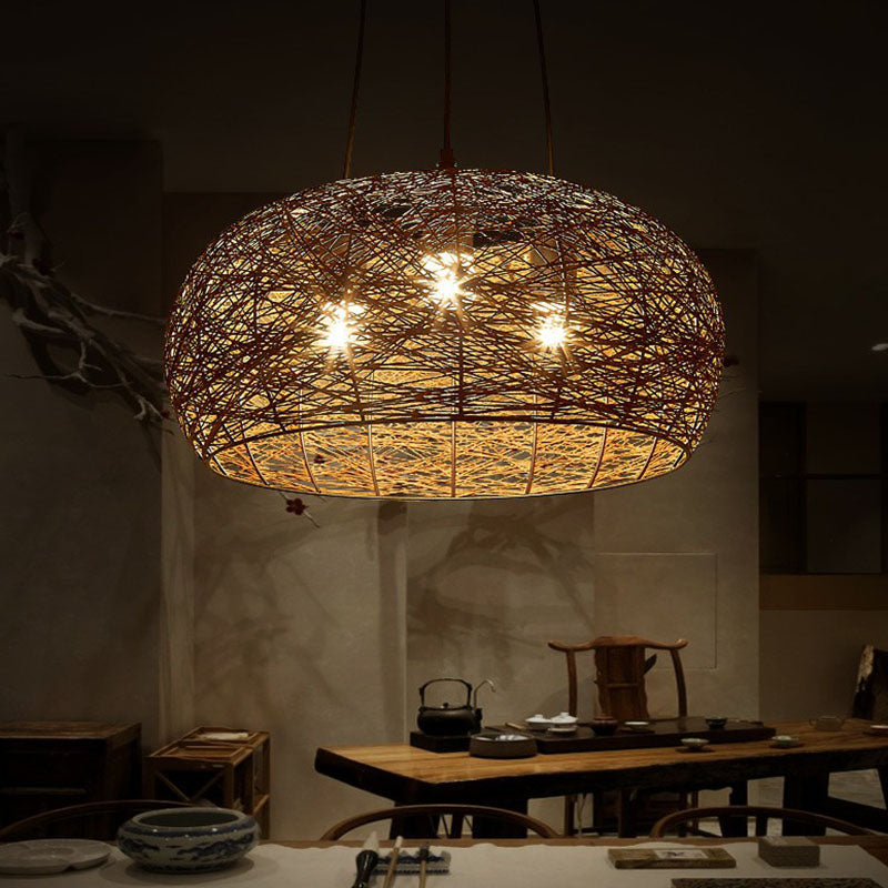 Dome Shade Restaurant Chandelier Light Rattan 3 Heads Chinese Pendant Light Fixture