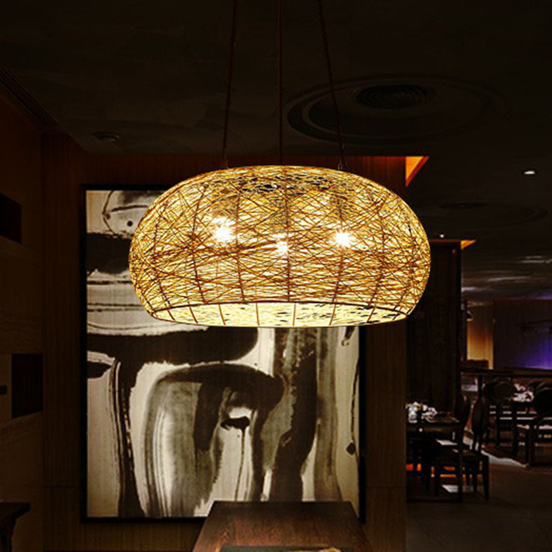 Dome Shade Restaurant Chandelier Light Rattan 3 Heads Chinese Pendant Light Fixture