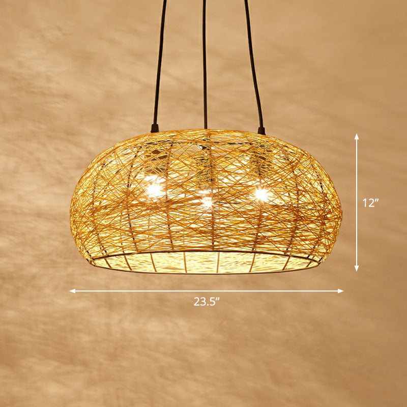 Dome Shade Restaurant Chandelier Light Rattan 3 Heads Chinese Pendant Light Fixture