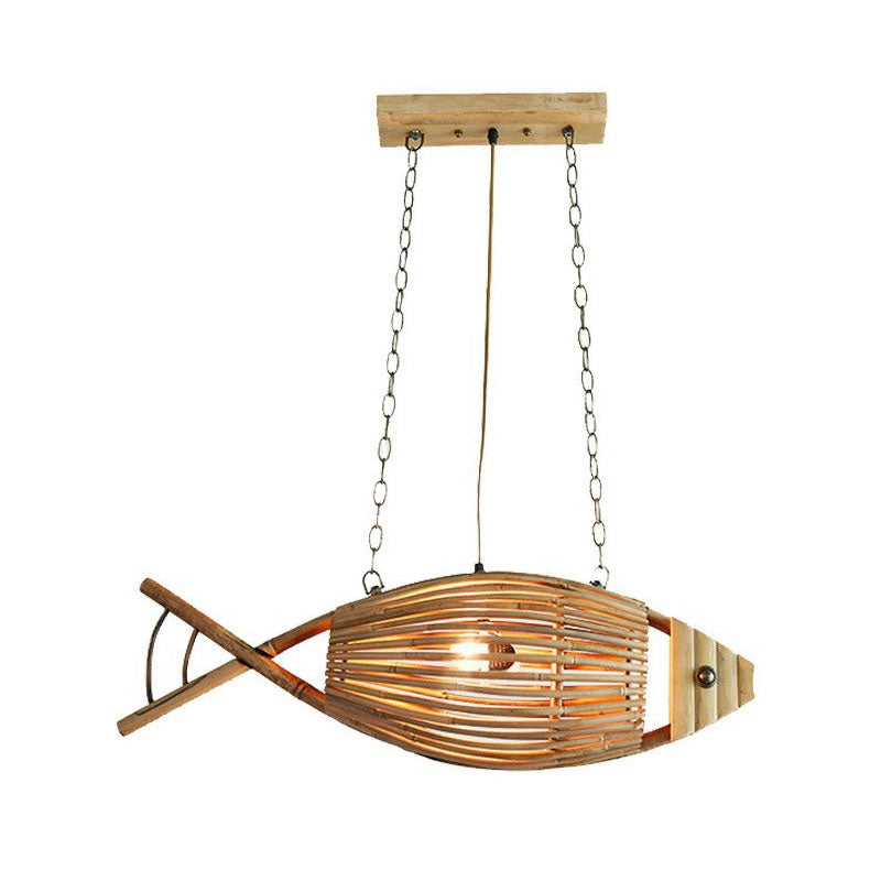 Bamboo Fish Suspension Light Asian Style Single Chandelier Light in Wood for Restaurant