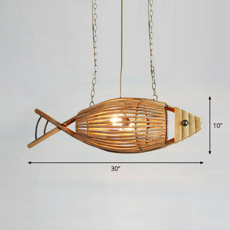 Bamboo Fish Suspension Light Asian Style Single Chandelier Light in Wood for Restaurant