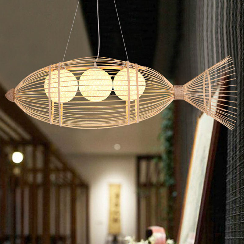 Fish-Shaped Bamboo Chandelier Lighting Minimalist Wood Pendant Light for Corridor