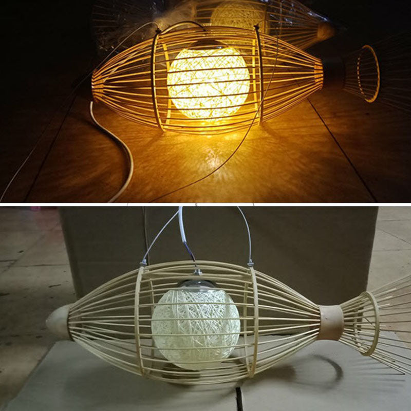 Fish-Shaped Bamboo Chandelier Lighting Minimalist Wood Pendant Light for Corridor