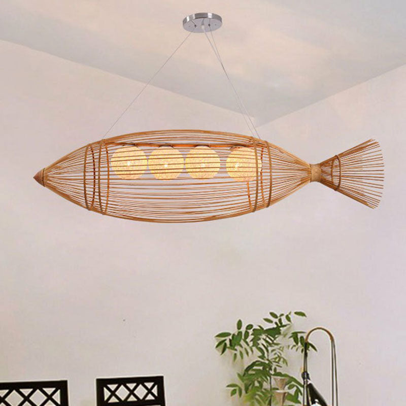 Fish-Like Ceiling Lighting Modern Style Bamboo 4 Bulbs Wood Chandelier Light Fixture