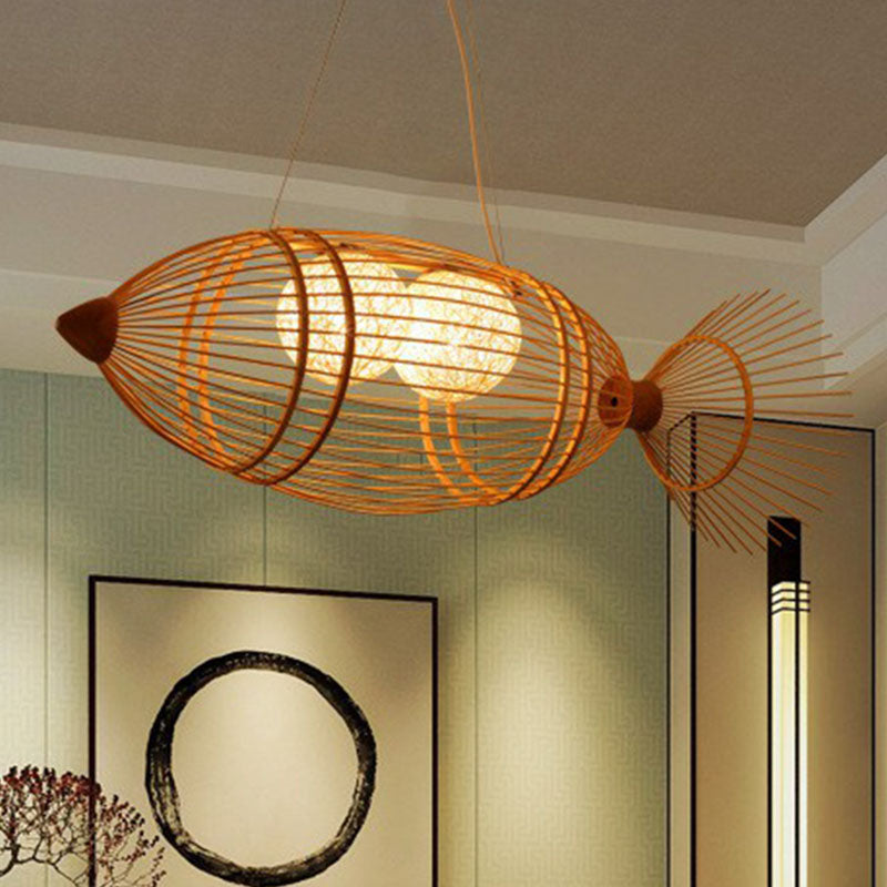 Wood Fish Chandelier Light Simplicity 2 Bulbs Bamboo Pendant Light Fixture for Restaurant