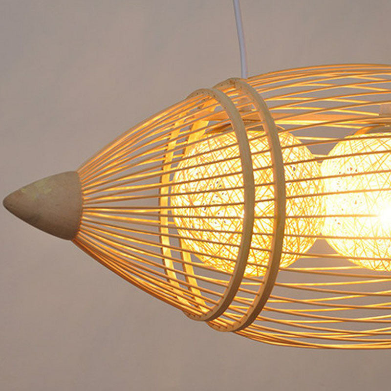 Wood Fish Chandelier Light Simplicity 2 Bulbs Bamboo Pendant Light Fixture for Restaurant