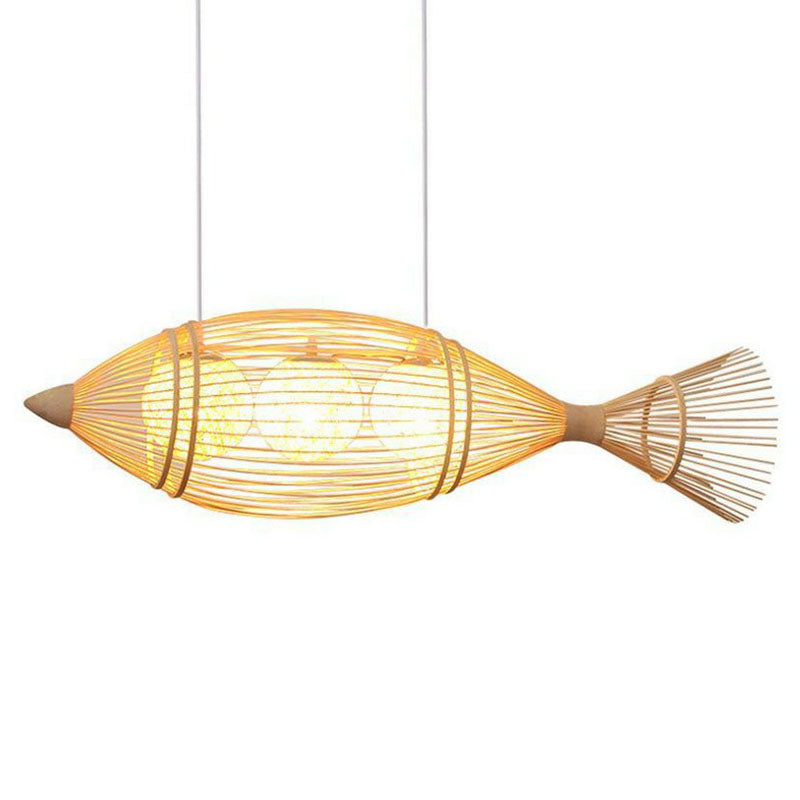 Wood Fish Chandelier Light Simplicity 2 Bulbs Bamboo Pendant Light Fixture for Restaurant