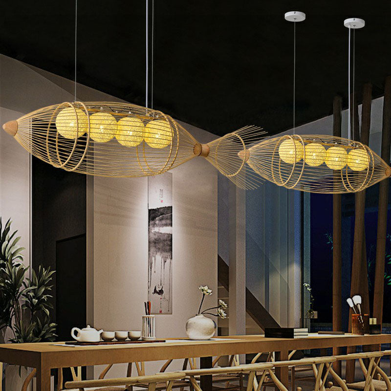 Contemporary Fish Chandelier Pendant Light Bamboo Tea Room Hanging Lighting in Wood