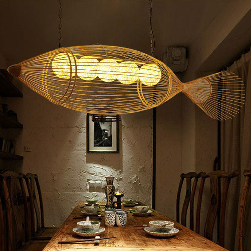 Handwoven Fish Asian Style Suspension Light Bamboo Restaurant Chandelier Light in Wood