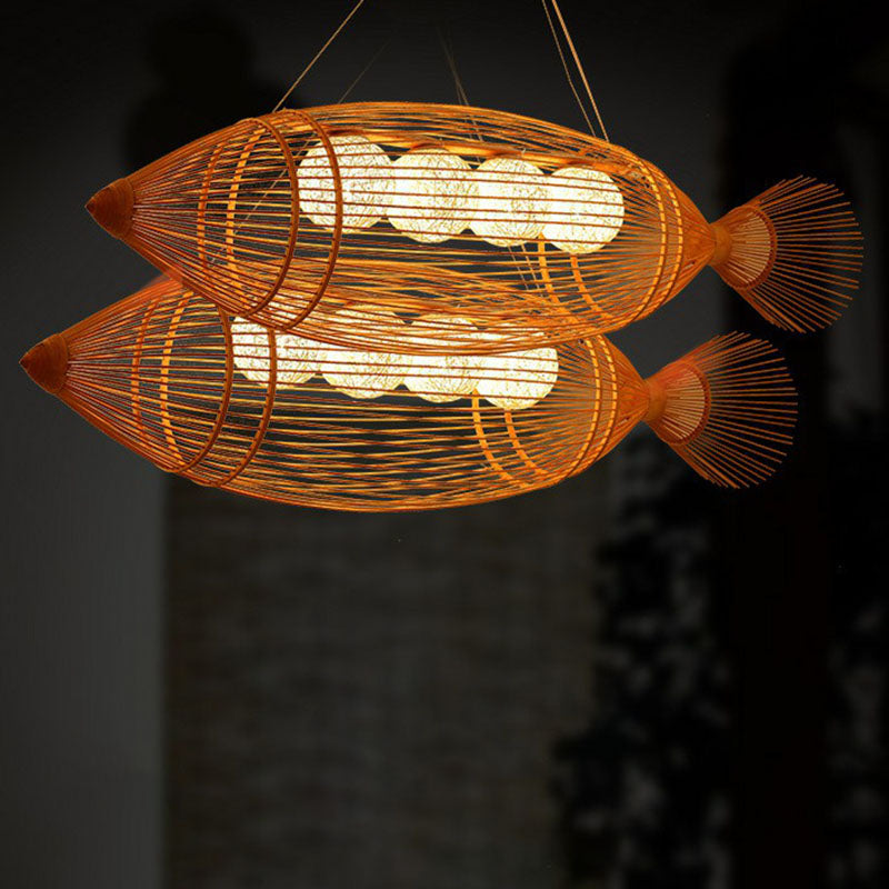 Handwoven Fish Asian Style Suspension Light Bamboo Restaurant Chandelier Light in Wood