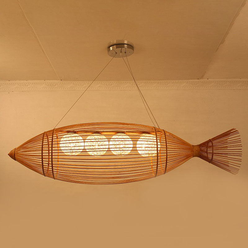 Handwoven Fish Asian Style Suspension Light Bamboo Restaurant Chandelier Light in Wood
