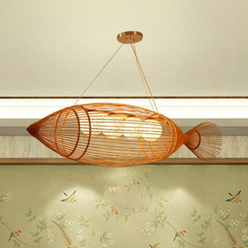 Handwoven Fish Asian Style Suspension Light Bamboo Restaurant Chandelier Light in Wood