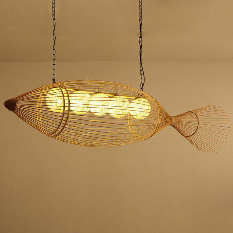 Handwoven Fish Asian Style Suspension Light Bamboo Restaurant Chandelier Light in Wood
