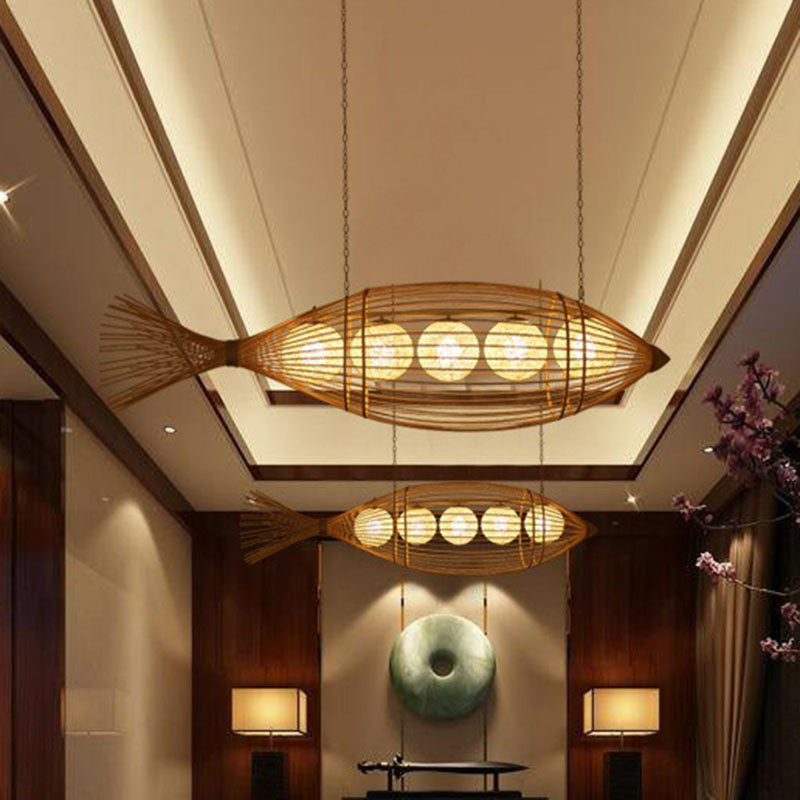 Handcrafted Fish Tea Room Chandelier Lighting Bamboo Minimalist Pendant Light in Wood